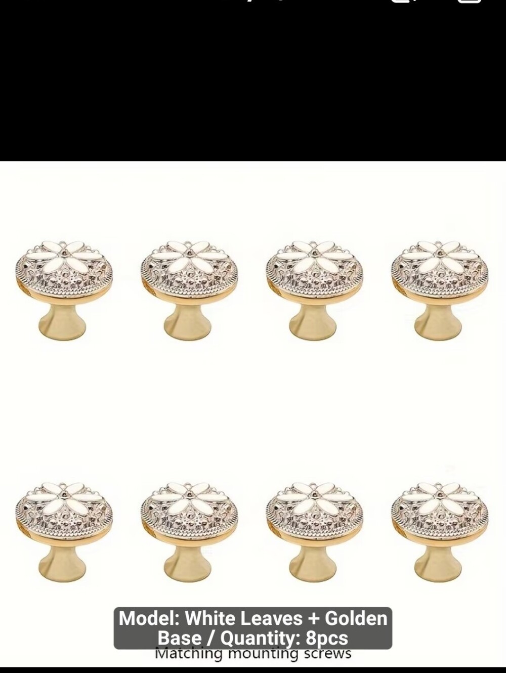New White Floral Cabinet Knobs with Gold Bases - Set of 8 -1523-763